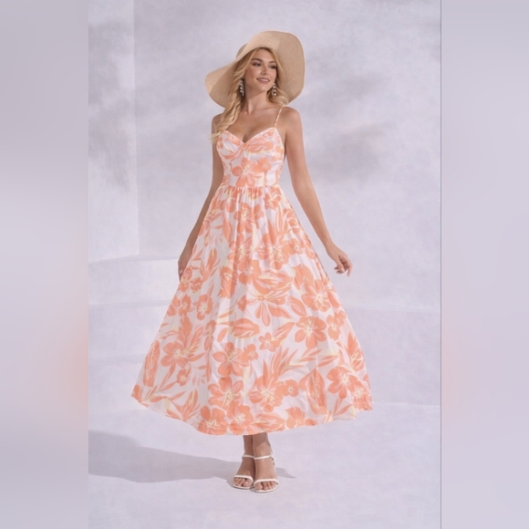 Dresses & Skirts - Orange & Yellow Floral Boho Midi Dress | Lace-Up Back | Size L | NWT